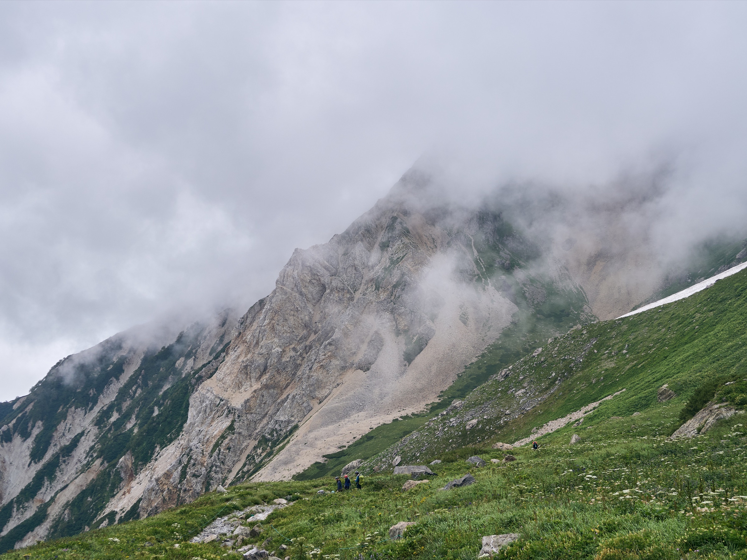 A small hiker moving through a broad green alpine landscape